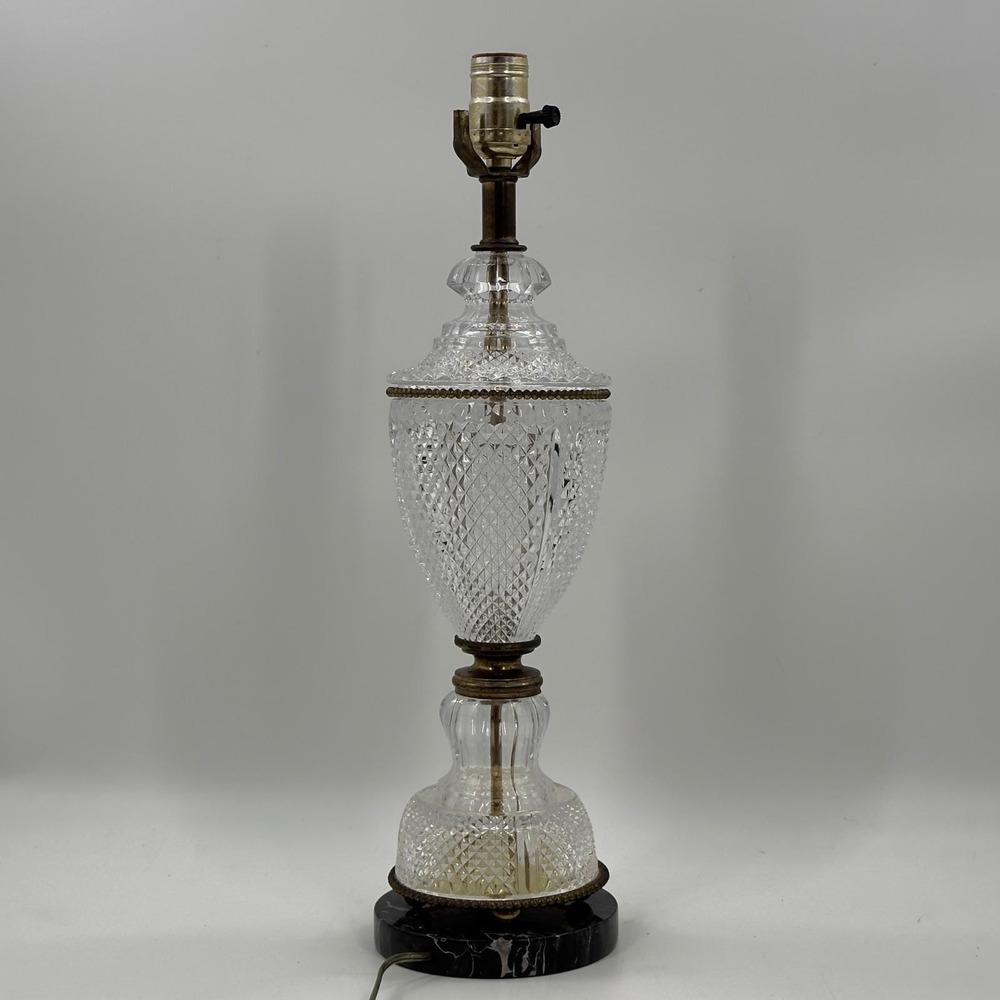 Vintage Hollywood Regency Cut Glass Brass Table Lamp Black Marble Base